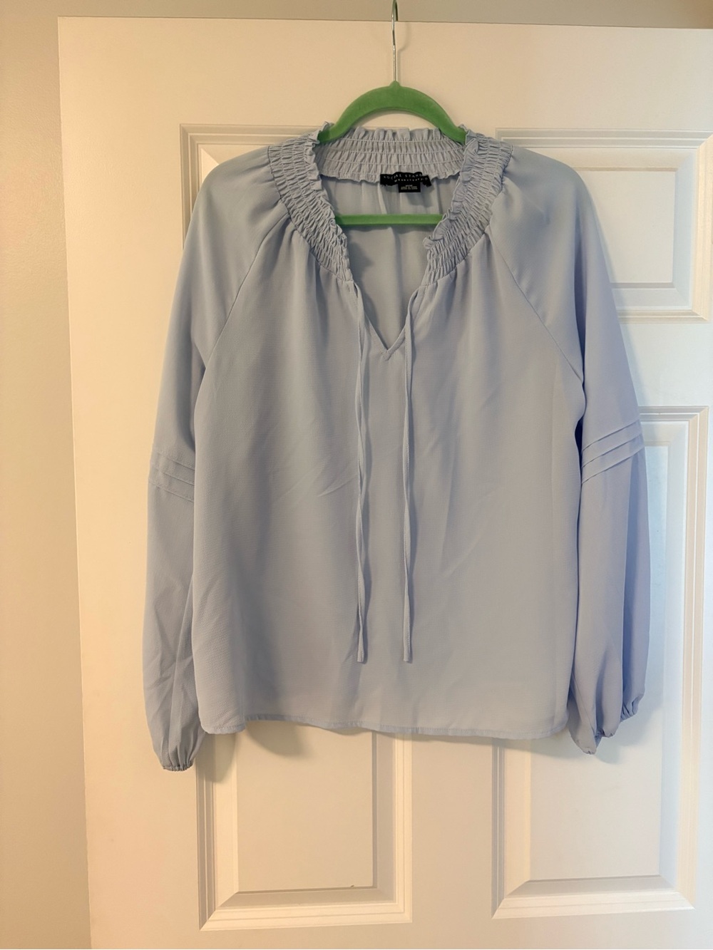 Smocked Neck Light Blue Peasant Blouse with Tie